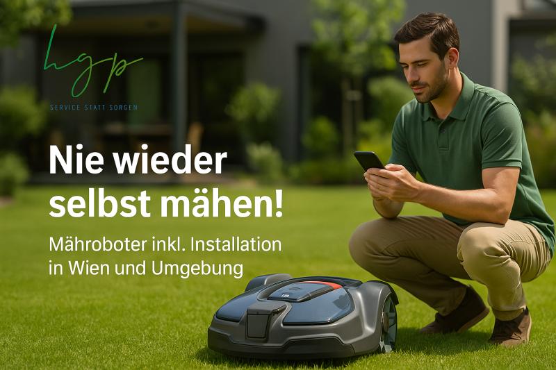 Mähroboter mit Ladestation auf dem Rasen